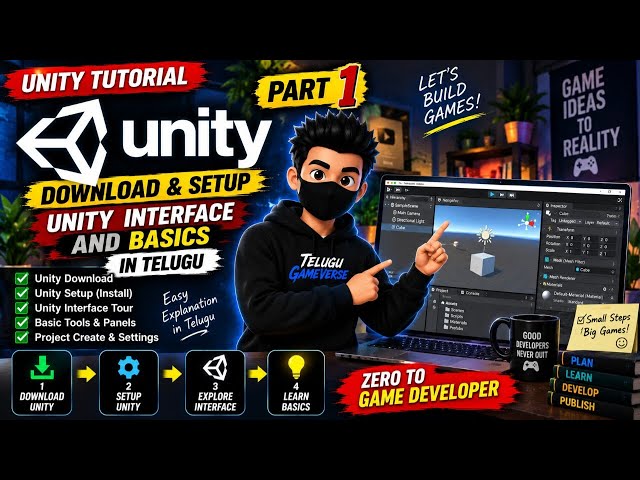 Unity Tutorial Telugu Part 1 🔥 | Unity Download & Setup | Unity Interface & Basics | Game Develop