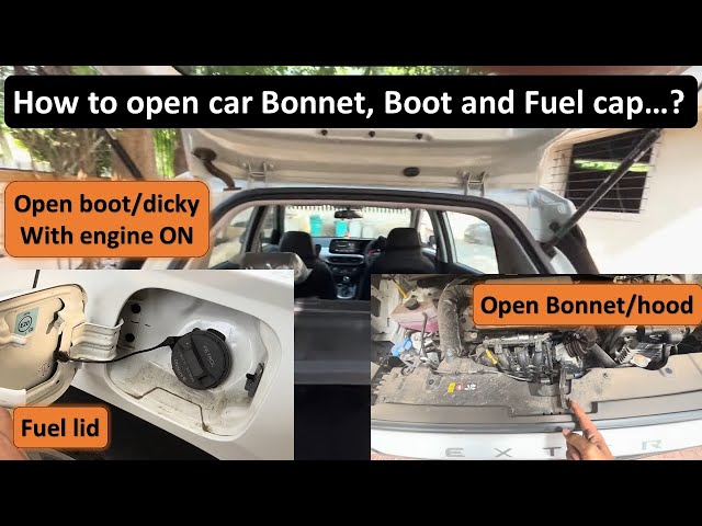 How to open car bonnet hood, Fuel filler petrol tank lid cap and boot with engine on Hyundai Exter