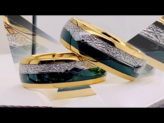 Green Agate Meteorite Ring with Arrow Inlay, Wedding Bands, Engagement Rings, His and Her Promise