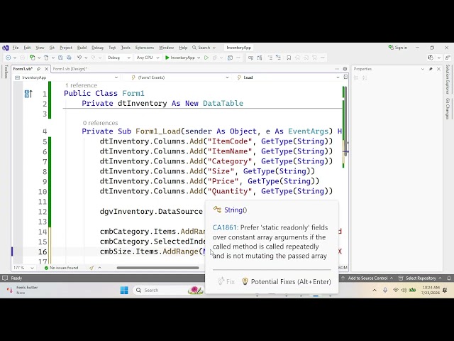 VB Dot NET Inventory Application Solution Form Load and Add Button