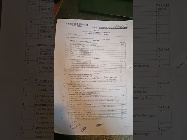 EMFT(ELECTROMAGNETIC FIELD THEORY) BTECH 2ND YEAR. 3RD SEM ELECTRICAL ENGINEERING PAPER 2023-2024