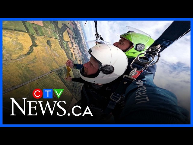 Prince Harry speaks with CTV News after fulfilling a skydiving promise to a Canadian veteran