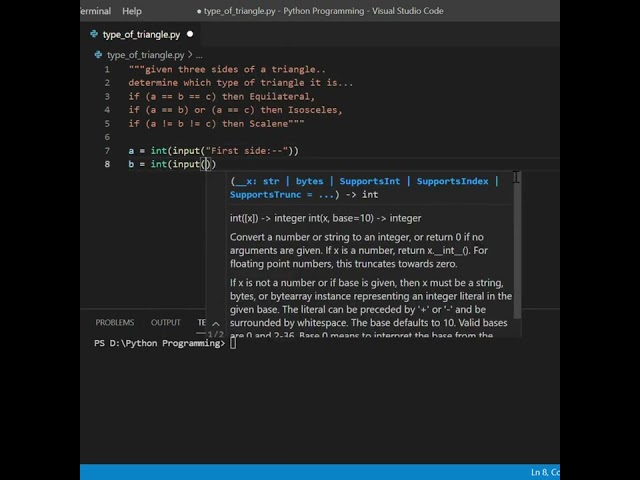 Find Type of Triangle in Python #Python #Shorts #YTShorts  #Coding
