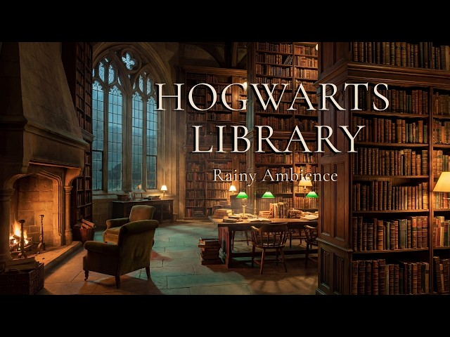 Hogwarts Library | Rainy Study Ambience 🌧️🔥Cozy Fireplace Sounds for Focus & Reading