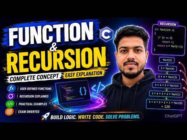 Function & Recursion in C Language | Complete Explanation with Code 🔥