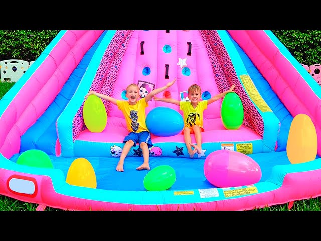Huge Eggs Surprise Toys Challenge with Inflatable slide for Vlad and Nikita