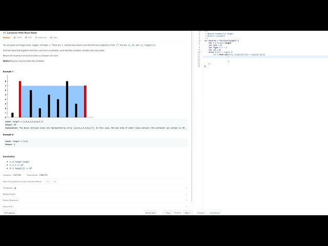 11. Container With Most Water - JavaScript - Easy Solution - Two Pointers