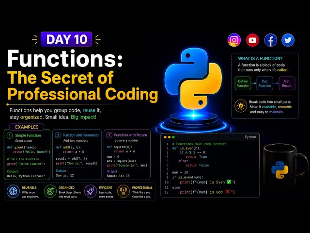 Day 10 of Python Class Today’s topic is Functions: The Secret of Professional Coding ⚙️💻