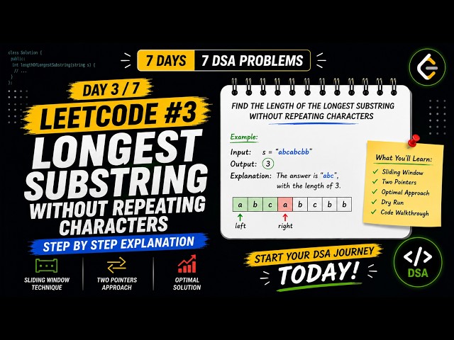 LeetCode #3: Longest Substring Without Repeating Characters | Sliding Window Explained | Day 3/7