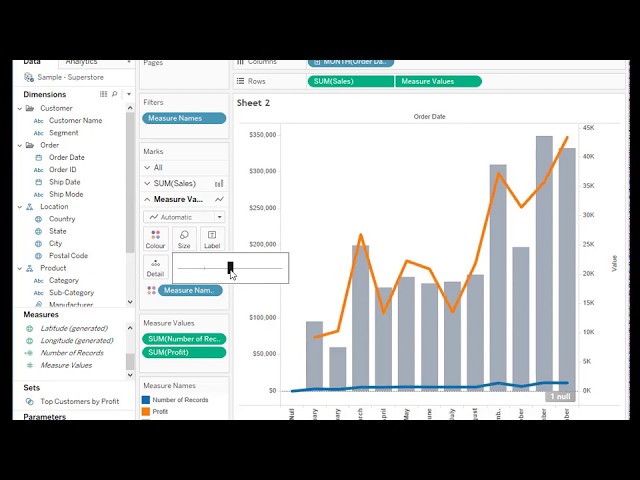 How to create a graph that combines a bar chart with two or more lines in Tableau