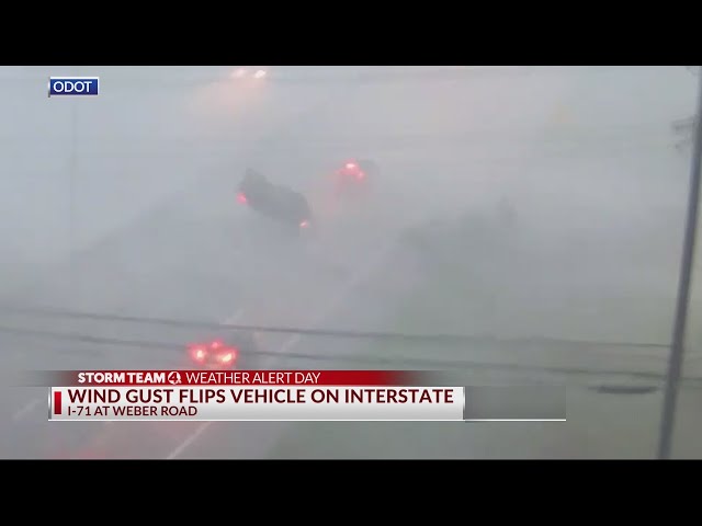 Storm flips car on I-71 in Columbus