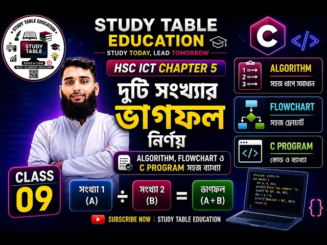 দুটি সংখ্যার ভাগফল নির্ণয় | Class-09 | Algorithm, Flowchart ও C Program সহজ ব্যাখ্যা  ICT Chapter 5
