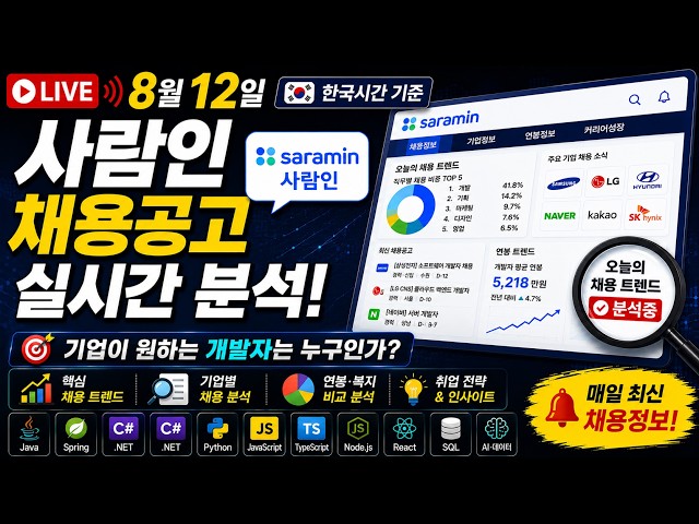 🔴 8월 12일 한국시간 기준 사람인 실시간 채용공고 분석 | 기업이 원하는 개발자는 누구인가?
