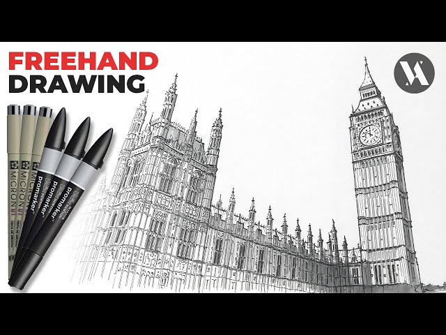 BIG BEN & Westminster Freehand Architecture Drawing Speedpainting Timelapse Video UHD 4K
