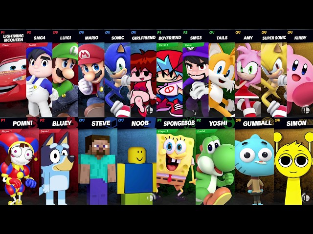 Sonic vs Mario vs Bluey vs SpongeBob vs Girlfriend vs Roblox vs Minecraft vs Car | Super Smash Bros