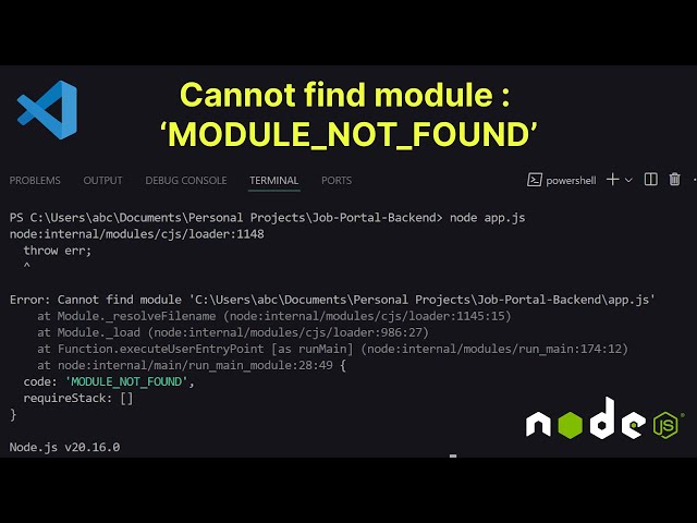 Cannot find module module not found vs code node js error