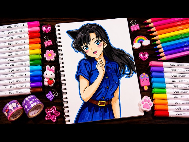 🖍️✨ Coloring Ran Mori with DELI Colored Pencils | From Sketch to Stunning Color in 5:14! 💙🎨