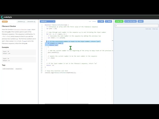 Interview Coderbyte - Fibonacci Checker- Code challenge - JavaScript Solution Source Code Answers