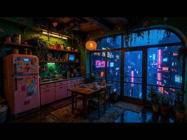 Cozy Cyberpunk Apartment Kitchen | Rainy Neon City View & Night Ambience | 4K