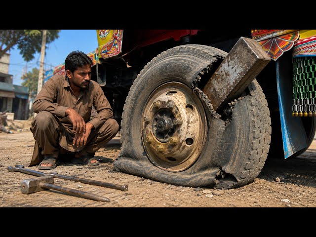 Heavy Duty Truck Tire Burst After Huge Iron Piece Got Stuck! 🔨 Full Tire Repair