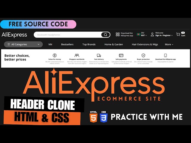 Aliexpress Website Header Clone Using Html and css || Practice With Me || Be Coder BD