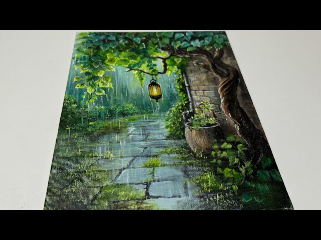 Rainy day & hanging lamp || Step -By-Step Acrylic Painting Tutorial