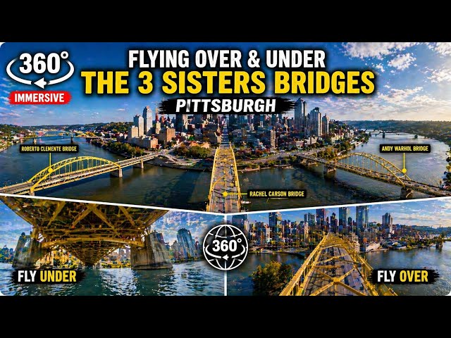     360° Drone Flight Over & Under the Three Sisters Bridges | Pittsburgh