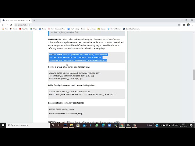 Write the query to implement the concept of Integrity constraints.