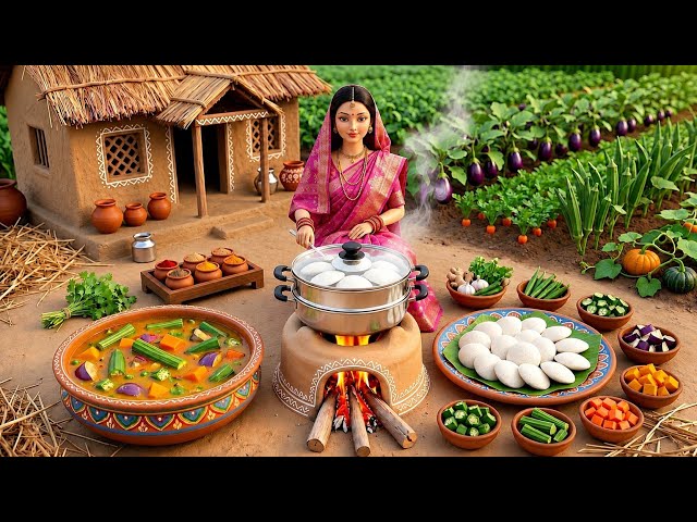 🍛🔥 Miniature Doll Idli Sambar Cooking ASMR | Tiny Indian Village Kitchen Story 🌿🏡