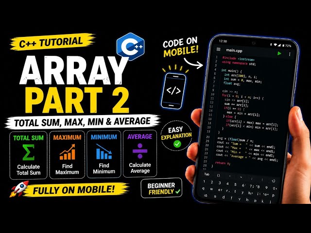 C++ Array explain in Hindi | Sum, Maximum, Minimum & Average | Code on Mobile | part 2