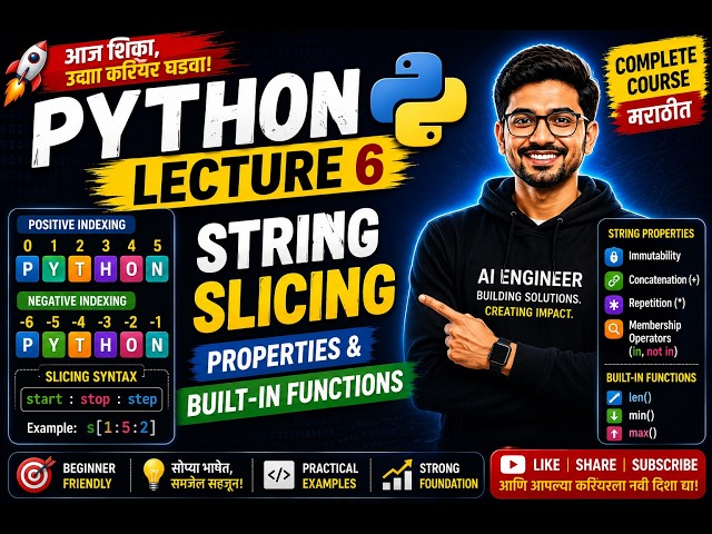 Python Tutorial in Marathi | Lecture 6 | String Slicing, Properties& Built-in Functions