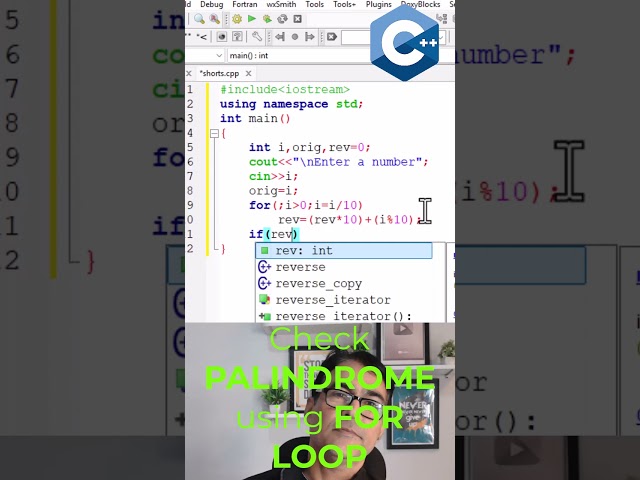 C++ Palindrome number Program Using For Loop for beginners #shorts