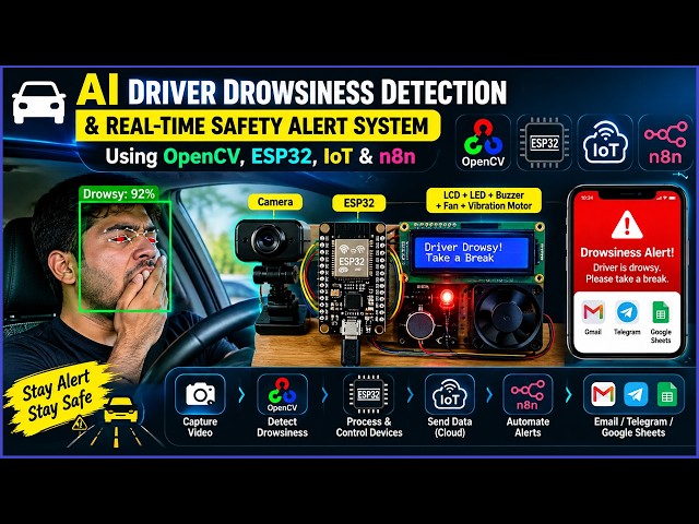 🚗 AI Driver Drowsiness Detection Using OpenCV/Python, ESP32, IoT & n8n + Gmail + Telegram + AI Voice