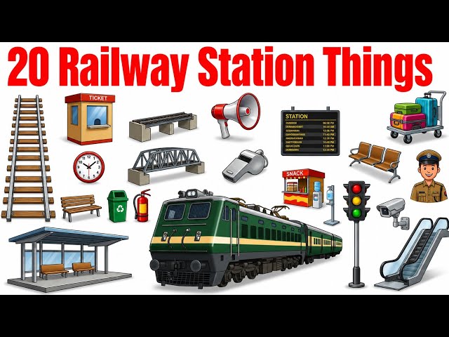 🚉 20 Railway Station Objects Names | Learn Railway Station Objects in English | Kids Learning Video