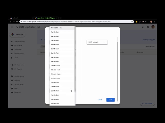 Set up trigger on Google Script App