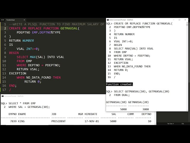 PLSQL User defined function to find maximum salary of employee based on given deptno (UDF Demo-4)