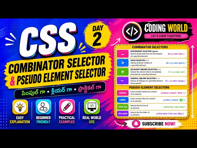CSS Complete Course Day 2 | Combinator Selectors & Pseudo Elements with free notes | Coding World