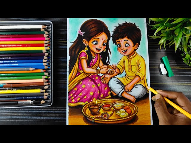 Raksha Bandhan Drawing Final Colour❤️ | Brother & Sister Rakhi Special Drawing, Step By Step