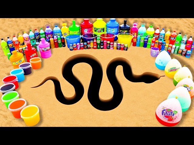 Experiments: Rainbow Snake with Giant Sodas, Coca Cola, Fanta, Mtn Dew, Pepsi and Mentos Underground