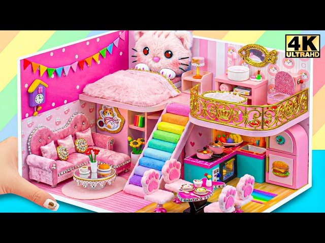 Build Miniature Cat House Inside Cardboard Box with Cute Pink Room Decor 🌈❤️ | DIY Miniature House