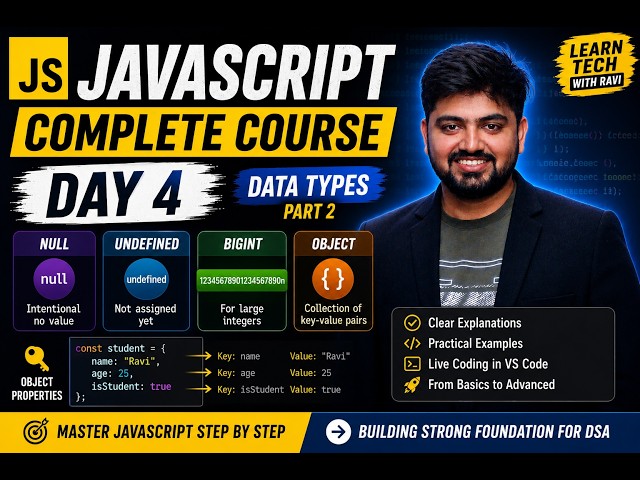 Day 4 | JavaScript Data Types Part 2 | Null, Undefined, BigInt & Objects | DSA with JavaScript