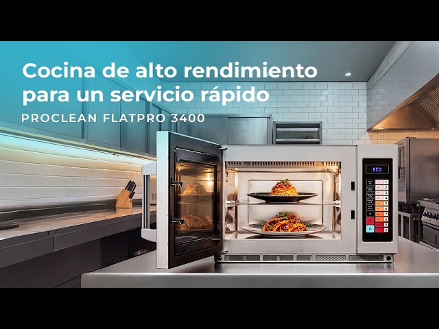Microondas comercial FlatPro 3400 con botones táctiles de 34L y 2100 W.