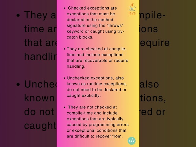 What is the difference between checked and unchecked exceptions? #javabasics #javaconcepts #java