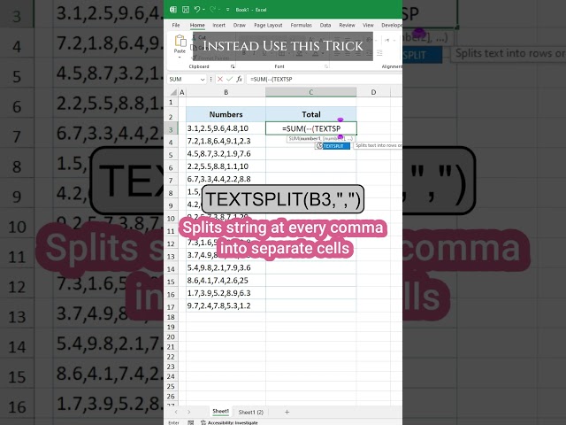 Quickly sum decimal number string in a cell #excel #exceltips #exceltutorial