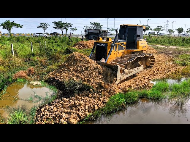 Great Power Bulldozer SHANTUI  Pushes Stones Filling To Grass Clean up Landfill Flooded Land Done