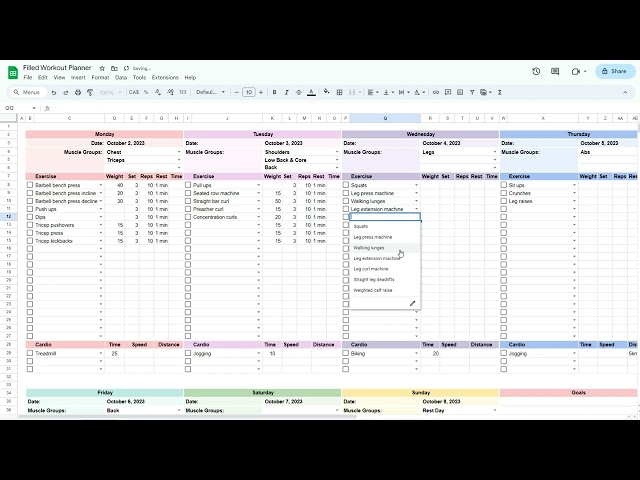 Workout Planner Spreadsheet for Google Sheets and Excel