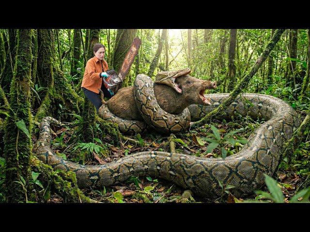 Giant Python Attacks Wild Boar in Deep Jungle | Female hunter confronts giant python head-on.