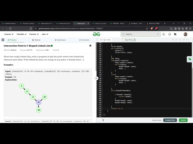 Intersection Point in Y Shaped Linked Lists | GFG Solution | Linked List | C++ Code Only