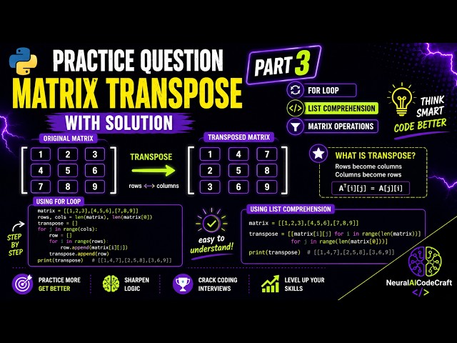 Part 3:Python List Comprehension:Practice Question Matrix Transpose using For Loop with Explanation