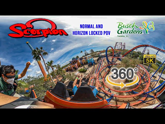 VR 360 5K Scorpion Roller Coaster Normal and Horizon Locked POV Busch Gardens Tampa 2021 03 02